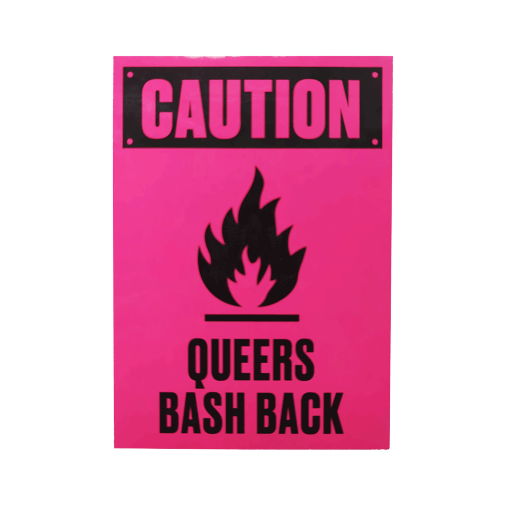 A vertical graphic features a vibrant pink background with black design elements. At the top, a black rectangular bar resembling a sign contains the word "Caution" in pink block letters. In the center is a black silhouette of a flame sitting above a horizontal line. Below the flame, the phrase "Queers bash back" is written in tall, bold black capital letters. The overall layout mimics the style of a industrial safety sign, using high-contrast colors and symbols.