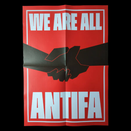 A vertical red poster with a thin white inner border features two black silhouetted hands clasped in a firm handshake across the center. The graphic is minimalist and high-contrast. Bold, white, blocky text at the top reads "We are all", while the bottom features the word "Antifa" in the same large, impactful font. The design uses flat colors and sharp lines to convey a message of solidarity and collective action.