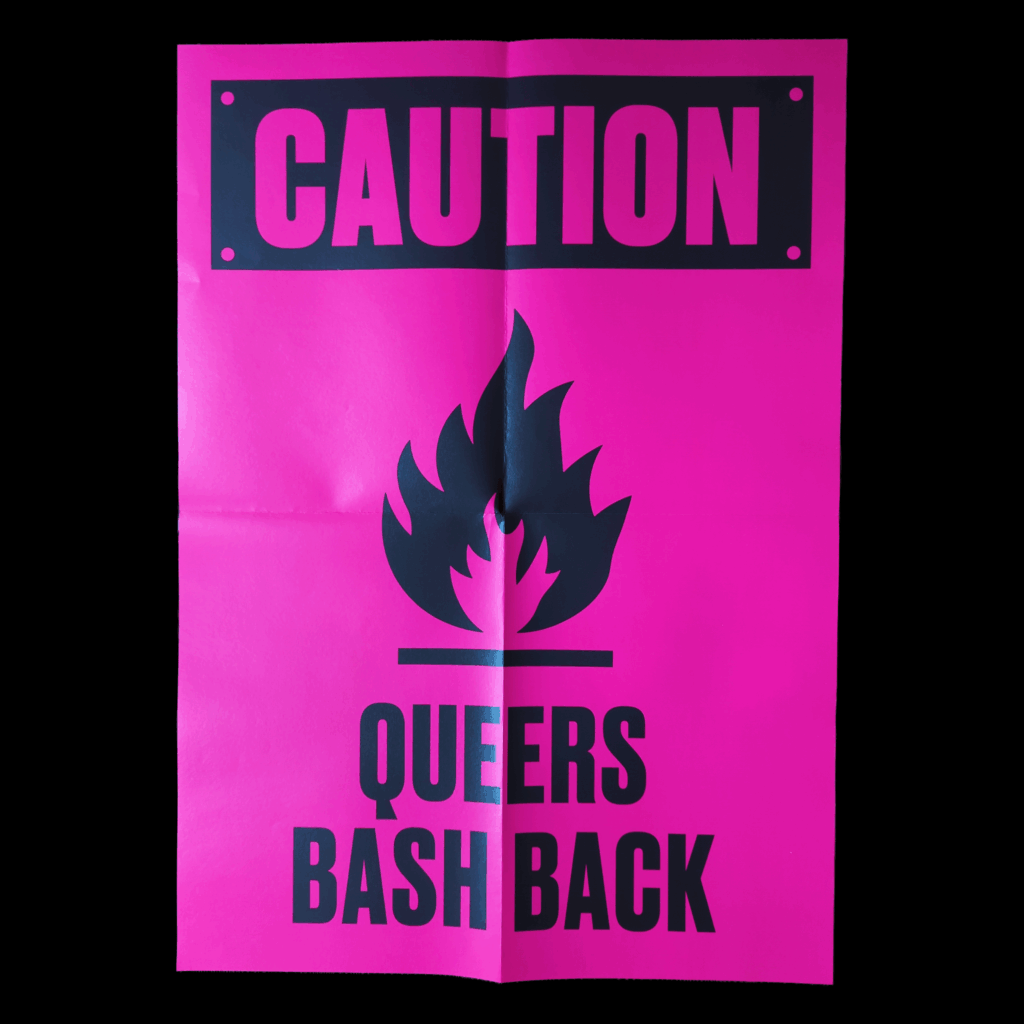 A vertical graphic features a vibrant pink background with black design elements. At the top, a black rectangular bar resembling a sign contains the word "Caution" in pink block letters. In the center is a black silhouette of a flame sitting above a horizontal line. Below the flame, the phrase "Queers bash back" is written in tall, bold black capital letters. The overall layout mimics the style of a industrial safety sign, using high-contrast colors and symbols.
