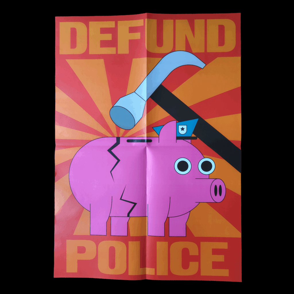 A flat-style illustration features a pink piggy bank wearing a blue police cap with a star. A large hammer is positioned above it, and a jagged crack runs down the pig's back. The background consists of orange and red radiating sunbeams. Bold orange text at the top reads "Defund" and at the bottom reads "Police".