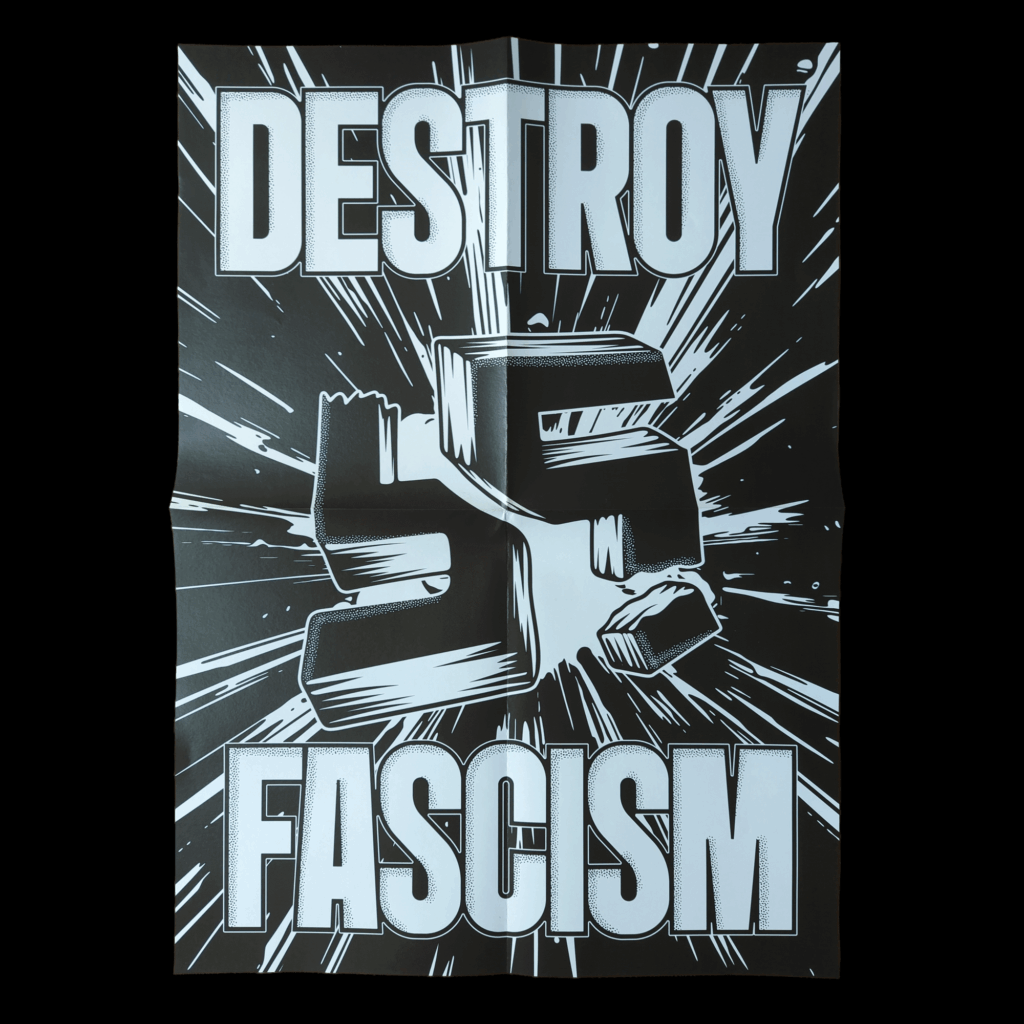 A high-contrast black and white illustration shows a 3D swastika symbol being shattered into several pieces. The central explosion is emphasized by white rays and stippled gradients radiating outward against a black background. At the top, the word "Destroy" appears in a bold, sans-serif, white outline font with a stippled texture. At the bottom, the word "Fascism" is written in the same large, impactful style.